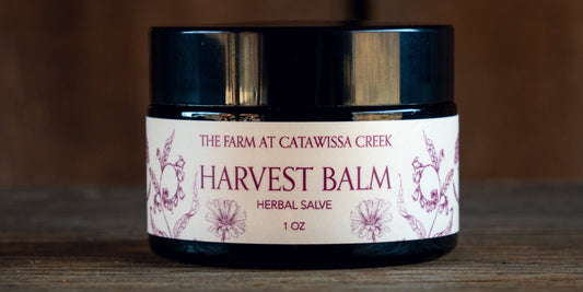 Harvest Balm herbal salve jar from The Farm at Catawissa Creek